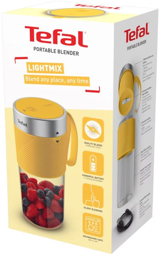Блендер Tefal Lightmix портативний для смузі, чаша-300мл, USB, тритан, жовтий