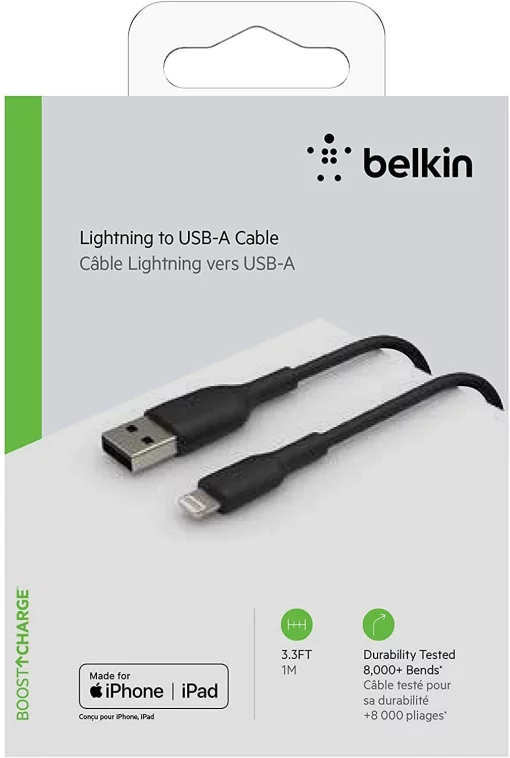 Кабель USB-A > Lightning заряджання/синхронізації Belkin 1м, 12Вт, PVC, чорний