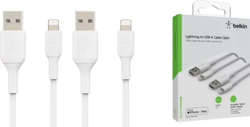 Кабель USB-A > Lightning заряджання/синхронізації Belkin 1м, 12Вт, PVC, (2 Pack), білий