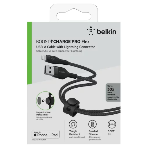 Кабель USB-A > Lightning заряджання/синхронізації Belkin 1м, плетений, силіконовий, з ремінцем на магніті, чорний