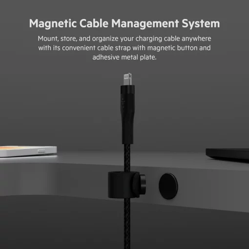 Кабель USB-A > Lightning заряджання/синхронізації Belkin 1м, плетений, силіконовий, з ремінцем на магніті, чорний