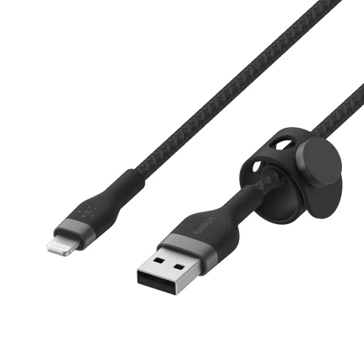 Кабель USB-A > Lightning заряджання/синхронізації Belkin 1м, плетений, силіконовий, з ремінцем на магніті, чорний