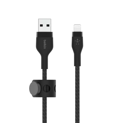 Кабель USB-A > Lightning заряджання/синхронізації Belkin 1м, плетений, силіконовий, з ремінцем на магніті, чорний