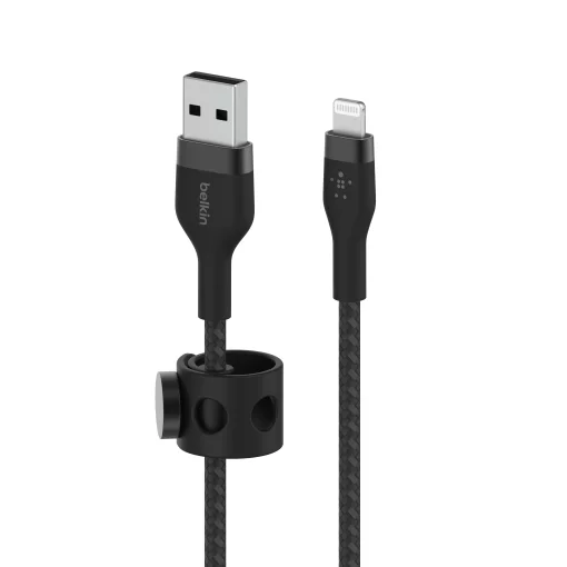 Кабель USB-A > Lightning заряджання/синхронізації Belkin 1м, плетений, силіконовий, з ремінцем на магніті, чорний