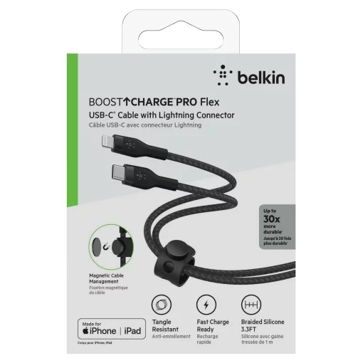 Кабель USB-C > Lightning заряджання/синхронізації Belkin 1м, Type-C, плетений, силіконовий, з ремінцем на магніті, чорний
