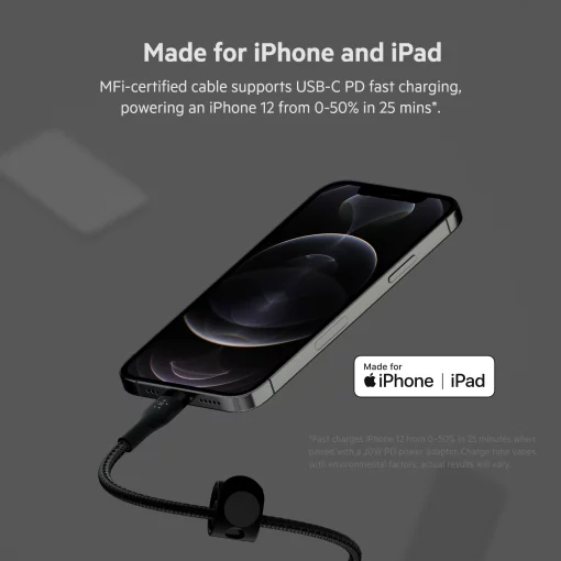 Кабель USB-C > Lightning заряджання/синхронізації Belkin 1м, Type-C, плетений, силіконовий, з ремінцем на магніті, чорний