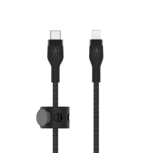 Кабель USB-C > Lightning заряджання/синхронізації Belkin 1м, Type-C, плетений, силіконовий, з ремінцем на магніті, чорний