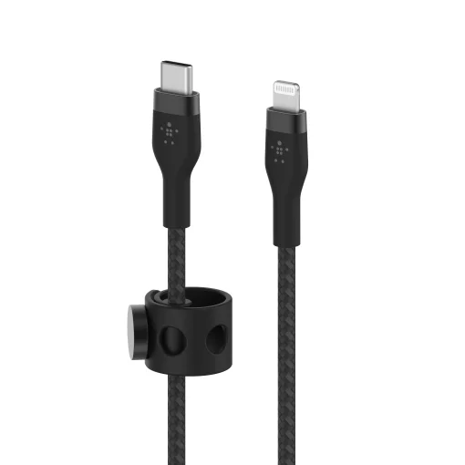 Кабель USB-C > Lightning заряджання/синхронізації Belkin 1м, Type-C, плетений, силіконовий, з ремінцем на магніті, чорний