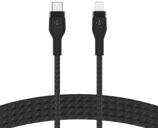 Кабель USB-C > Lightning заряджання/синхронізації Belkin 1м, Type-C, плетений, силіконовий, з ремінцем на магніті, чорний