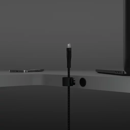 Кабель USB-C > Lightning заряджання/синхронізації Belkin 1м, Type-C, плетений, силіконовий, з ремінцем на магніті, чорний