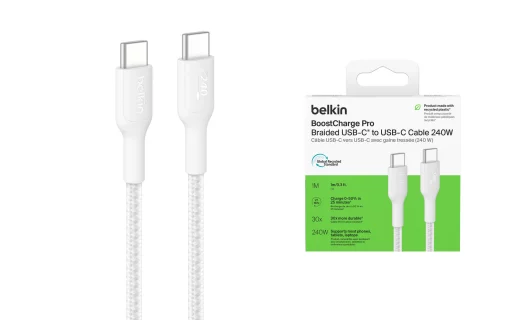 Кабель USB-C > USB-C заряджання/синхронізації Belkin 1м, 240Вт, Type-C, плетений, білий