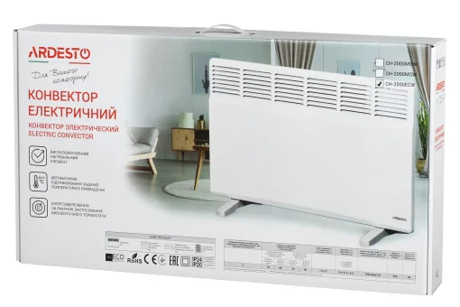 Конвектор ARDESTO, 20м2, 2000Вт, електр. упр-ння, закр. нагрів. елемент, дисплей, програматор, IP24, білий