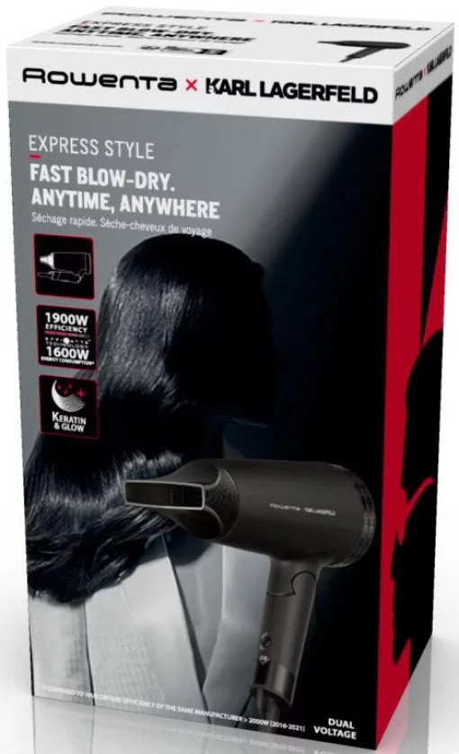 Фен Rowenta Karl Lagerfeld Express Style дорожній, 1600Вт, 2 режими, хол. обдув, складна ручка, чорний
