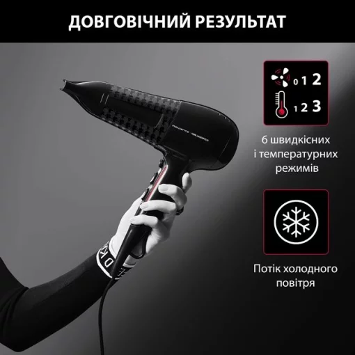 Фен Rowenta x Karl Lagerfeld Powerline, 2100Вт, 3 режими, дифузор, іоніз-я, хол. обдув, чорний