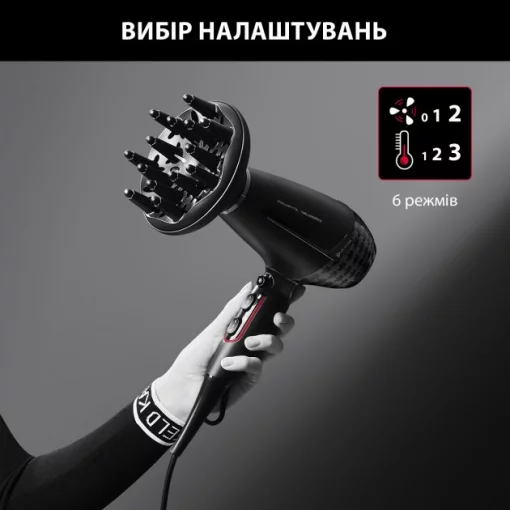 Фен Rowenta x Karl Lagerfeld K/Pro Stylist, 2200Вт, 3 режими, іоніз-я, дифузор, 2 концентратора, хол. обдув, чорний