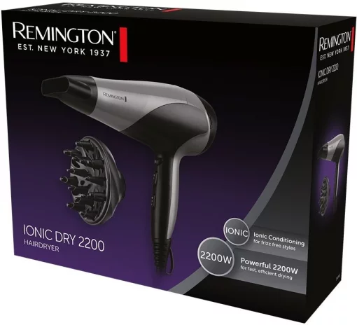Фен Remington Ionic Dry, 2200Вт, 3 режими, дифузор,турмалинова іоніз-я, хол. обдув, сіро-чорний