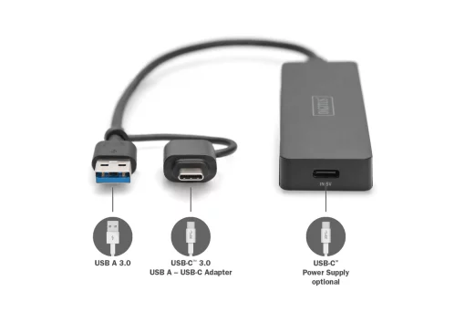 Хаб DIGITUS USB-A/C > 4хUSB-А, 0,2 м, активний (опція)