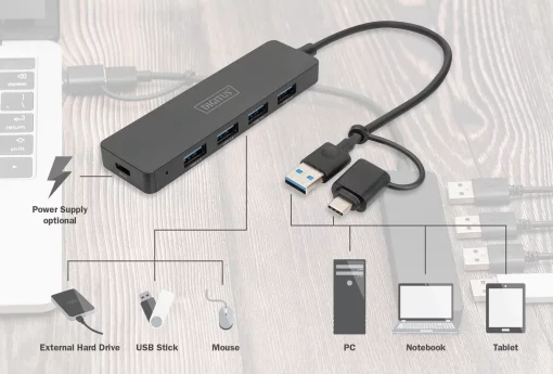 Хаб DIGITUS USB-A/C > 4хUSB-А, 0,2 м, активний (опція)