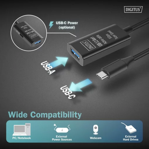 Подовжувач DIGITUS USB 3.2 Gen1 Active Cable 5G, C/M-A/F, 5м, чорний