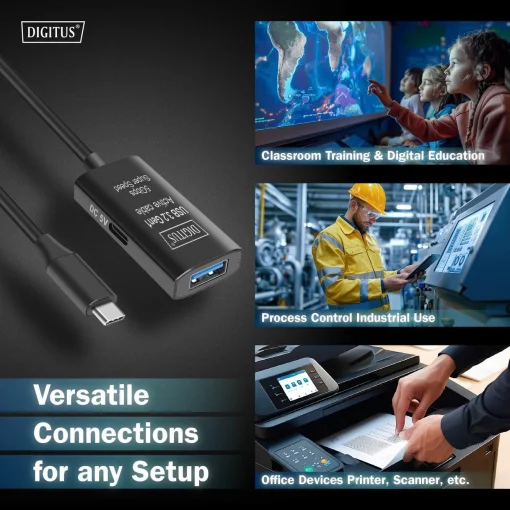 Подовжувач DIGITUS USB 3.2 Gen1 Active Cable 5G, C/M-A/F, 10м, чорний