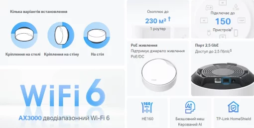 Система WiFi-Mesh TP-LINK Deco X50 AX3000, 1xGE LAN/WAN, 1x2,5GE LAN/WAN, 2мод, PoE