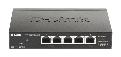 Комутатор D-Link DGS-1100-05PD 5xGE, (2xGE, 2xGE PoE, 1xGE PD), EasySmart