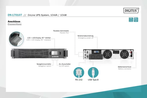Силовий блок ДБЖ DIGITUS 10kVA/10kW, RTU2, LCD, RS232, USB, Hardwire In/Out