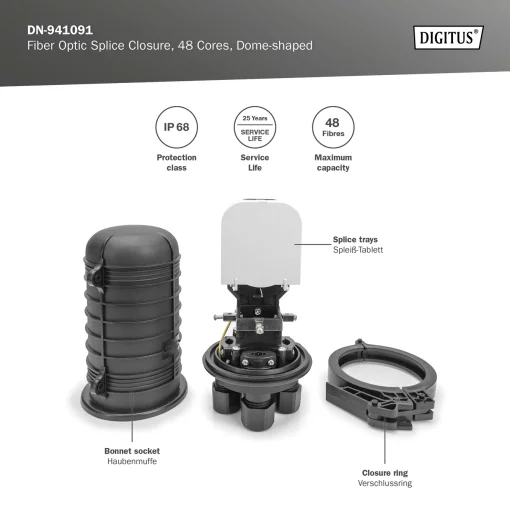 Муфта DIGITUS оптична, герметична, 4 кабельних вводи,  4 касети, до 48 зварок