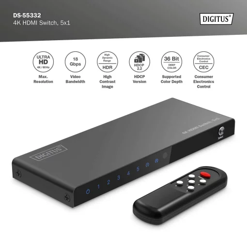 Відеокомутатор DIGITUS UHD HDMI (INx5 - OUTx1), 4K