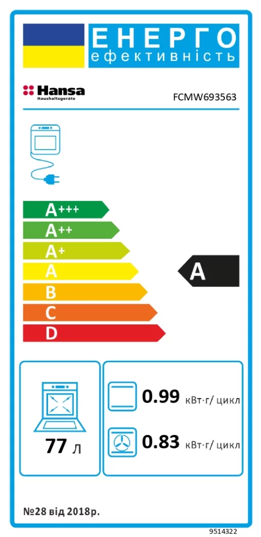 Плита Hansa комбінована, 60х60см, 77л, чавун, газ контр., дисплей, білий