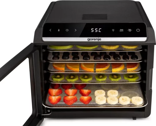 Сушарка для продуктів Gorenje 580Вт, піддонів - 6x1.5см, діаметр - 25см, макс - 75°С, дисплей, пластик+метал, чорний