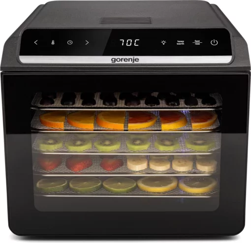 Сушарка для продуктів Gorenje 580Вт, піддонів - 6x1.5см, діаметр - 25см, макс - 75°С, дисплей, пластик+метал, чорний