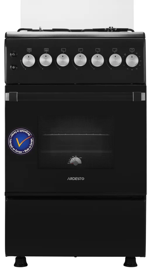 Плита Ardesto газова, 50л, 50x60см, скляна кришка, електропідпал, таймер, термометр, каво адаптер, форсунки LPG (підключення газового балона), чорний