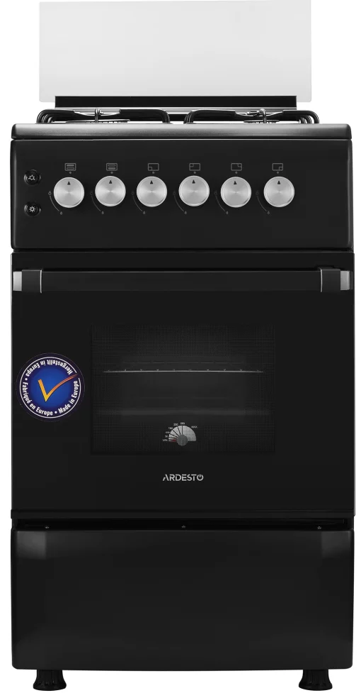 Плита Ardesto газова, 50л, 50x60см, скляна кришка, електропідпал, підсвічування, термометр, каво адаптер, відкидна шухляда,  форсунки LPG (підключення газового балона), чорний