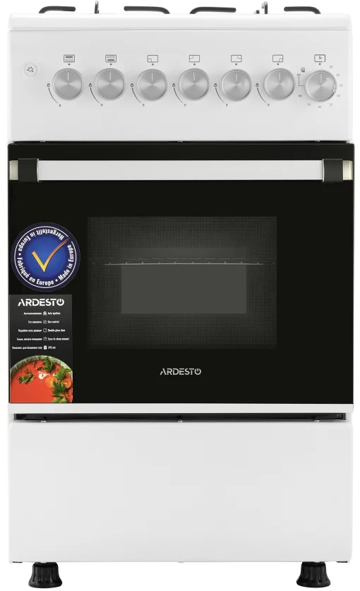 Плита Ardesto газова, 50л, 50x60см,  електропідпал, таймер,  форсунки LPG (підключення газового балона), білий