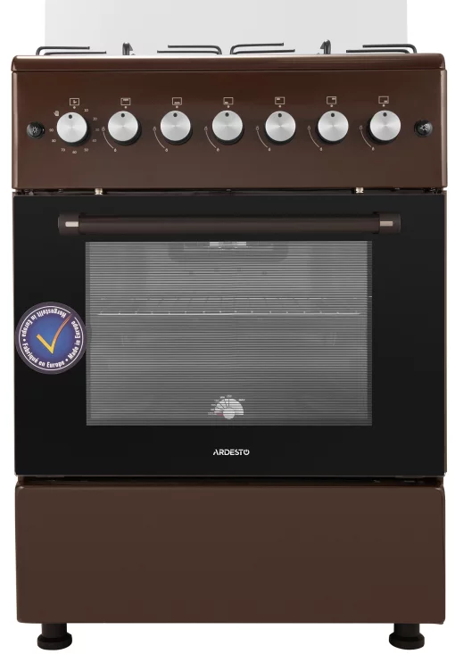 Плита Ardesto газова, 58л, 60x60см, скляна кришка, електропідпал, підсвічування, таймер, термометр, відкидна шухляда, форсунки LPG (підключення газового балона), коричневий