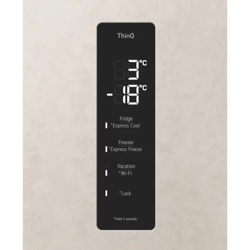 Холодильник LG з нижн. мороз., 203x60х68, холод.відд.-277л, мороз.відд.-110л, 2дв., А++, NF, інв., диспл зовн., зона св-ті, бежевий