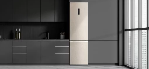 Холодильник LG з нижн. мороз., 203x60х68, холод.відд.-277л, мороз.відд.-110л, 2дв., А++, NF, інв., диспл зовн., Fresh Сonverter, Metal Fresh, бежевий