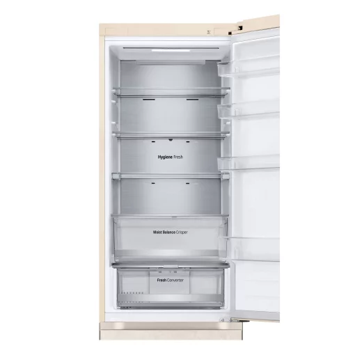 Холодильник LG з нижн. мороз., 203x60х68, холод.відд.-277л, мороз.відд.-110л, 2дв., А++, NF, інв., диспл зовн., Fresh Сonverter, Metal Fresh, бежевий