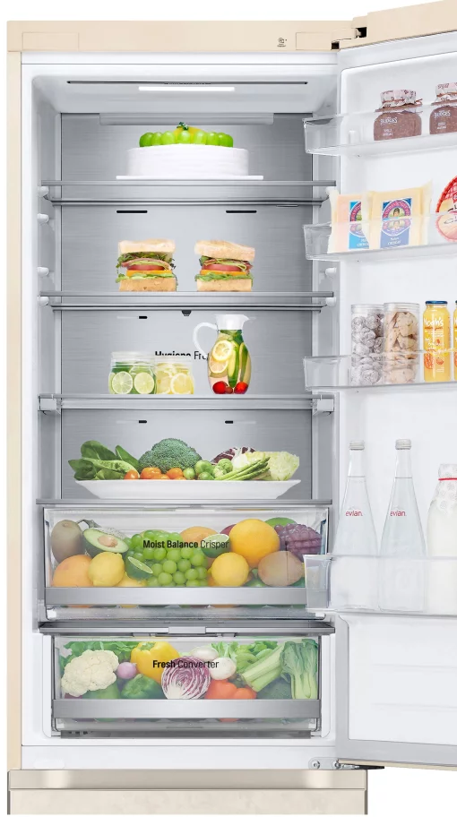 Холодильник LG з нижн. мороз., 203x60х68, холод.відд.-277л, мороз.відд.-110л, 2дв., А++, NF, інв., диспл зовн., Fresh Сonverter, Metal Fresh, бежевий