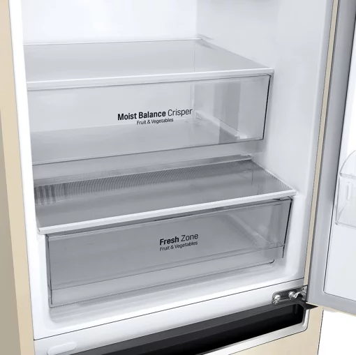 Холодильник LG з нижн. мороз., 203x60х68, холод.відд.-277л, мороз.відд.-107л, 2дв., А++, NF, інв., диспл зовн., зона св-ті, бежевий