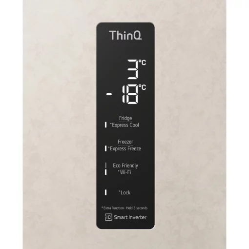 Холодильник LG з нижн. мороз., 203x60х68, холод.відд.-277л, мороз.відд.-107л, 2дв., А++, NF, інв., диспл зовн., зона св-ті, Metal Fresh, бежевий