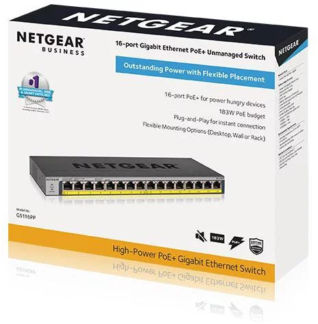 Комутатор NETGEAR GS116PP 16xGE PoE, 183Вт, Некерований