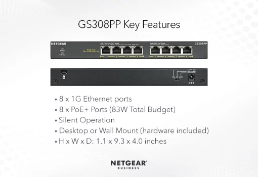 Комутатор NETGEAR GS308PP 8xGE PoE, 83Вт, Некерований