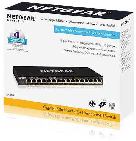 Комутатор NETGEAR GS316P 16xGE PoE, 115Вт, Некерований