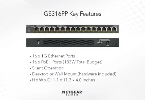 Комутатор NETGEAR GS316PP 16xGE PoE, 183Вт, Некерований
