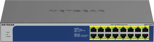 Комутатор NETGEAR GS516PP 16xGE PoE, 260Вт, некерований