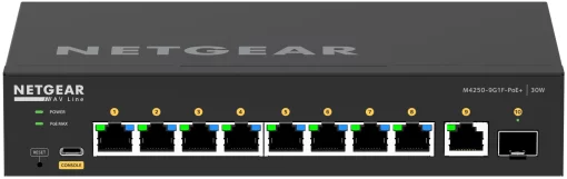 Комутатор NETGEAR M4250-9G1F-PoE+ (GSM4210PD), 8x1GE PoE+(110Вт), 1x1GE, 1xSFP, AV Line  керований L2