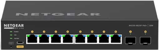 Комутатор NETGEAR M4250-8G2XF-PoE+ (GSM4210PX), 8xGE PoE, 2xSFP+, 220Вт, AV Line, Керований L2