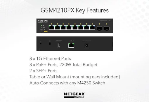 Комутатор NETGEAR M4250-8G2XF-PoE+ (GSM4210PX), 8xGE PoE, 2xSFP+, 220Вт, AV Line, Керований L2